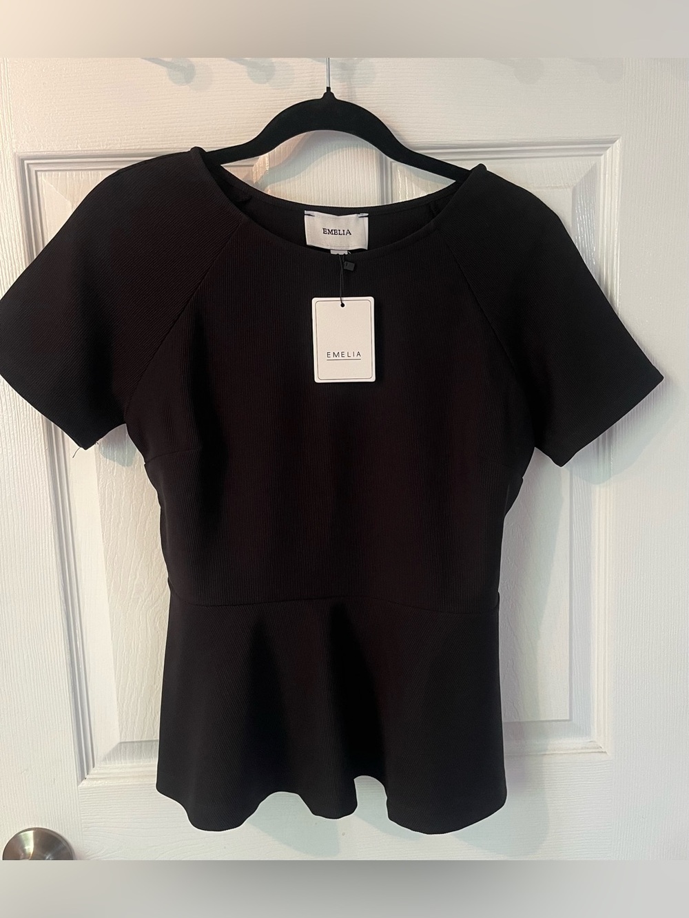 NWT Emelia Black Peplum Top Short Sleeve Size Small